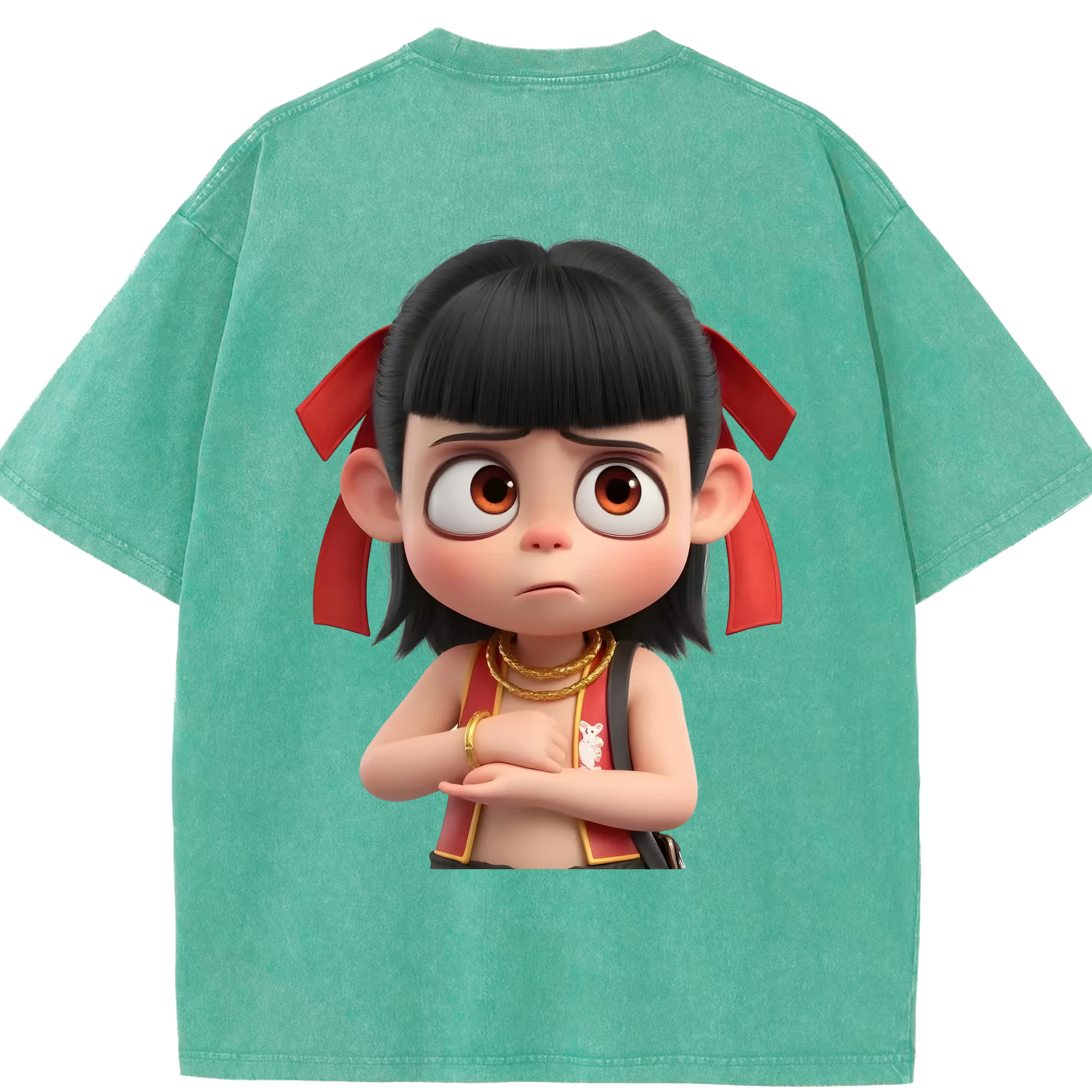 （画像用） Ne Zha 2 ナタ 魔童の大暴れ 綿100% ヴィンテージ風 半袖Tシャツ（背面プリント）